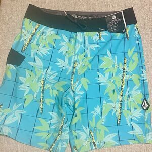 Volcom Board Shorts Mens 28 Blue Mod Tech Lido Print Lace Up Swim Black Green